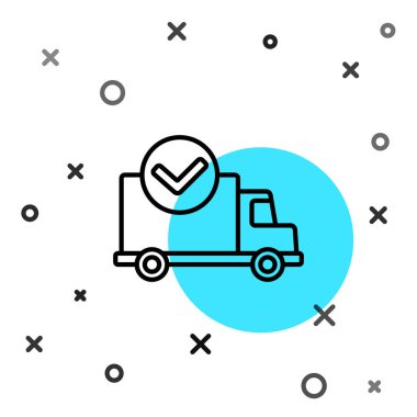 Beyaz arkaplanda işaret simgesi olan siyah çizgi teslimat kamyonu. Rastgele dinamik şekiller. Vektör İllüstrasyonu.