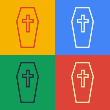 Pop Art Line Coffin ve Christian Cross ikonu renkli arka planda izole edilmiş. Mutlu Cadılar Bayramı Partisi. Vektör.