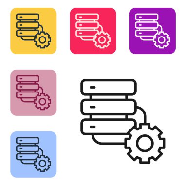 Beyaz arkaplanda siyah çizgi sunucusu ve dişli simgesi izole edildi. Uygulama, servis konsepti, ayar seçenekleri, bakım, onarım, onarım. Renkli kare düğmelerle simgeleri ayarla. Vektör