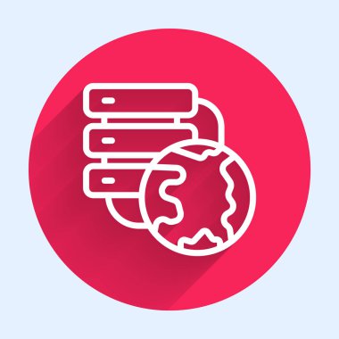 Beyaz çizgi Ağ Bulut bağlantısı simgesi uzun gölge arkaplanı ile izole edildi. Sosyal teknoloji. Bulut hesaplama konsepti. Kırmızı daire düğmesi. Vektör