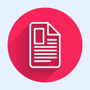 Beyaz çizgi Dosya simgesi uzun gölge arkaplanı ile izole edildi. Kontrol listesi simgesi. İş konsepti. Kırmızı daire düğmesi. Vektör