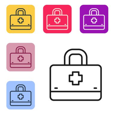 Siyah çizgi ilk yardım çantası simgesi beyaz arkaplanda izole edildi. Haçlı sağlık kutusu. Acil durumlar için tıbbi ekipman. Sağlık sigortası konsepti. Renkli kare düğmelerle simgeleri ayarla. Vektör.