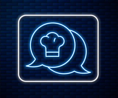 Parlak neon hattı Şef şapkası, tuğla duvar arkasında izole edilmiş konuşma balonu ikonu. Aşçılık sembolü. Aşçı şapkası. Vektör.