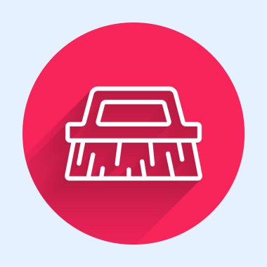 Temizlik ikonu için beyaz çizgi fırçası uzun gölgeli izole edilmiş. Kırmızı daire düğmesi. Vektör.