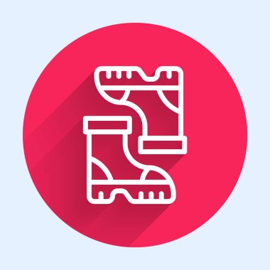 Uzun gölgeli, su geçirmez lastik bot ikonu. Yağmurlu hava, balıkçılık, bahçe işleri için çizme. Kırmızı daire düğmesi. Vektör.