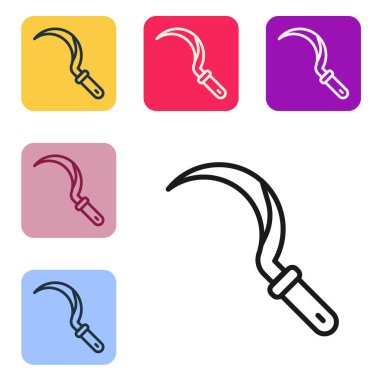 Siyah çizgi simgesi beyaz arkaplanda izole edildi. Kanca işaretini topluyorum. Renkli kare düğmelerle simgeleri ayarla. Vektör.
