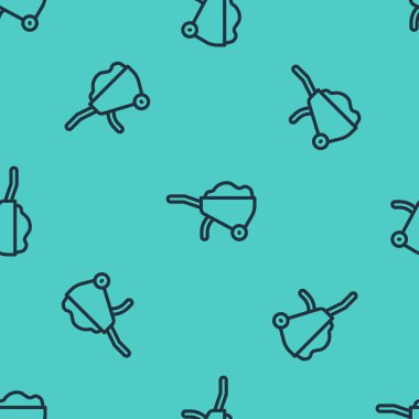 Toprak ikonlu siyah çizgi El Arabası yeşil arka planda izole edilmiş pürüzsüz desen. Alet edevat. Tarım arabası tekerlek çiftliği. Vektör.