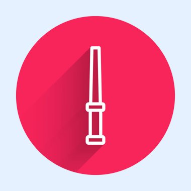 Beyaz çizgi sihirli çubuk ikonu uzun gölgeli izole edilmiş. Yıldız şeklinde sihirli aksesuar. Sihirli güç. Kırmızı daire düğmesi. Vektör.