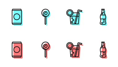 Kokteyl, samanlı soda kutusu, lolipop ve bir şişe su ikonu. Vektör.