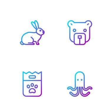 Ahtapot, yiyecek torbası, tavşan ve ayı kafası. Renk simgeleri. Vektör.