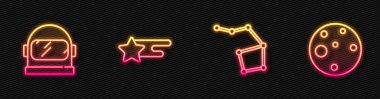 Büyük Ayı takımyıldızı, astronot miğferi, kayan yıldız ve Mars gezegeni. Parlayan neon ikonu. Vektör.