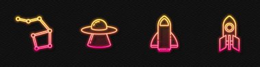 Roket gemisi, Büyük Ayı takımyıldızı, UFO uçan uzay gemisi ve... Parlayan neon ikonu. Vektör.