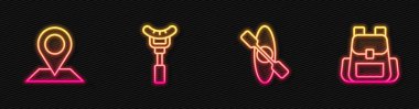 Kayak, kano, konum, sosis çatal ve yürüyüş sırt çantası. Parlayan neon ikonu. Vektör.