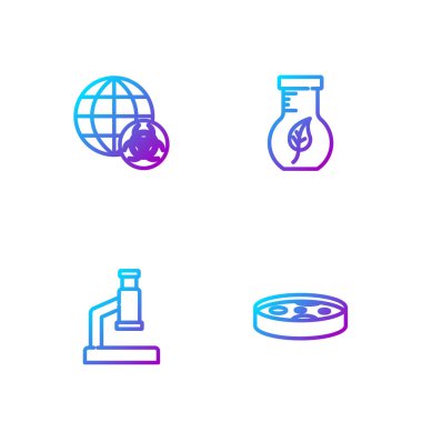 Petri kabını bakteri, mikroskop, GDO, tüp ve matara ile ayarla. Renk simgeleri. Vektör.