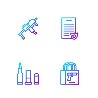 Tabanca, mermi, MP9I alt makine ve Ateşli Silahlar lisans sertifikası alın. Renk simgeleri. Vektör.