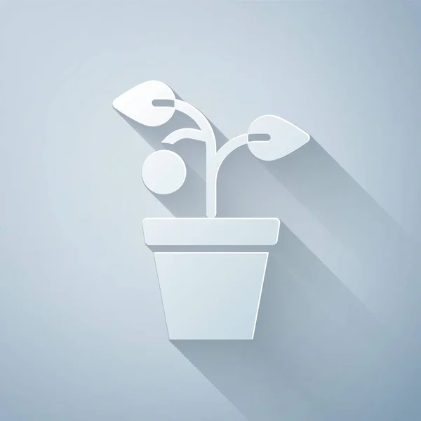 Corte Papel Planta Maceta Icono Aislado Sobre Fondo Gris Planta — Vector de stock