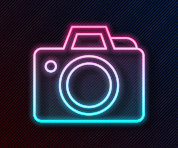 Icono Cámara Fotográfica Línea Neón Brillante Aislado Sobre Fondo Negro — Vector de stock