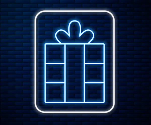 Glowing Neon Line Gift Box Icon Isolated Brick Wall Background — Stock Vector