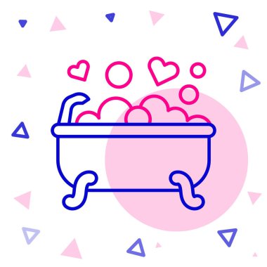 Banyodaki romantik çizgi beyaz arka planda izole edilmiş. Romantik randevu kavramı. En sevdiği köpüklü romantik banyo. Renkli taslak konsepti. Vektör.
