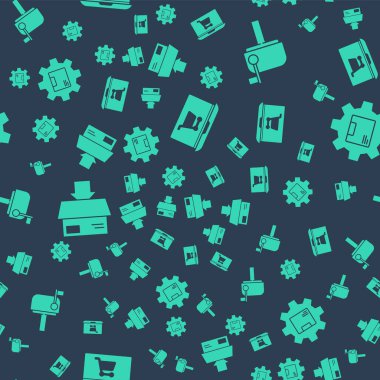 Set Shopping cart on laptop, Mail box, Carton cardboard box and Gear wheel with package box on seamless pattern. Vector.