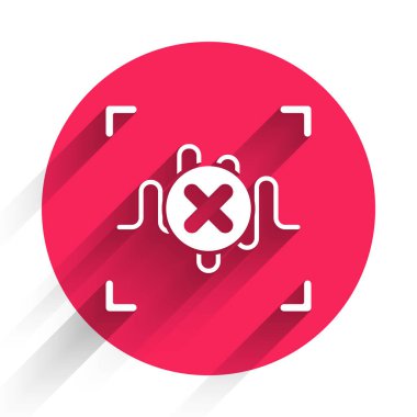 Beyaz Reddedilme ses tanıma simgesi uzun gölgeyle izole edildi. Kimlik tanıma için ses biyometrik kimlik doğrulaması. Kırmızı daire düğmesi. Vektör.