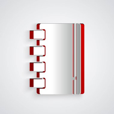 Kağıt kesiği Not Defteri simgesi gri arkaplanda izole edildi. Spiral not defteri simgesi. Okul defteri. Yazı tahtası. Okul günlüğü. Kağıt sanatı tarzı. Vektör.