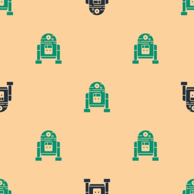 Yeşil ve siyah robot ikonu, bej arka planda kusursuz desen izole etti. Vektör.