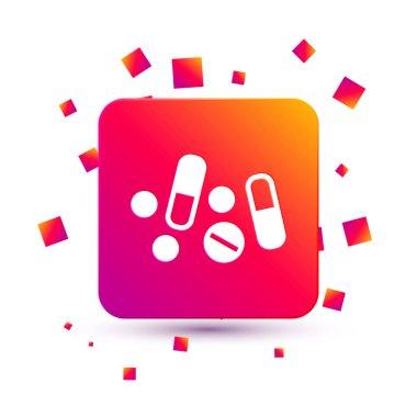 Beyaz ilaç hapı ya da beyaz arka planda izole edilmiş tablet ikonu. Kapsül hapı ve uyuşturucu işareti. Eczane tasarımı. Kare renk düğmesi. Vektör.
