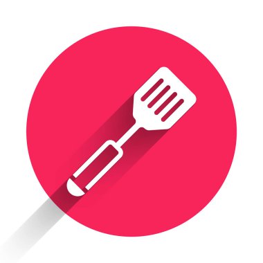 Beyaz Spatula ikonu uzun gölgeli izole edilmiş. Mutfak spatula ikonu. Barbekü spatula işareti. Barbekü ve ızgara aleti. Kırmızı daire düğmesi. Vektör.
