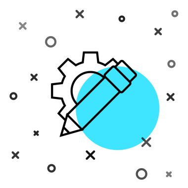 Siyah çizgi kalem ve vites simgesi beyaz arkaplanda izole edildi. Yaratıcı gelişme. Blog yazma ya da metin yazma kavramı. Rastgele dinamik şekiller. Vektör İllüstrasyonu.