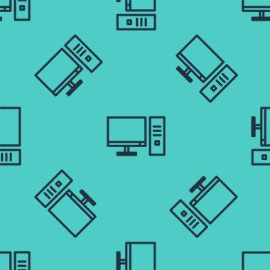 Siyah çizgi bilgisayar monitörü simgesi yeşil arkaplanda izole edilmiş kusursuz desen. Bilgisayar bileşeni işareti. Vektör İllüstrasyonu.