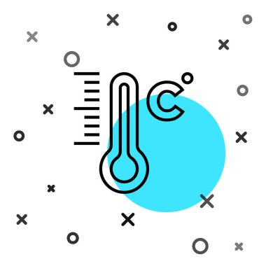 Siyah çizgi Meteoroloji termometresi beyaz arka planda izole edilmiş ikonu ölçüyor. Termometre termometresi sıcak ya da soğuk hava gösteriyor. Rastgele dinamik şekiller. Vektör.