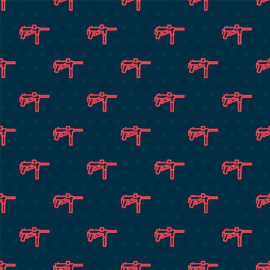 Red line Submachine gun M3, Grease gun icon isolated seamless pattern on black background.  Vector.