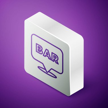 Isometric line Alkol veya bira barı konumu simgesi mor arkaplanda izole edilmiş. İçki, bar, kulüp ve barın sembolü. Gümüş kare düğme. Vektör.