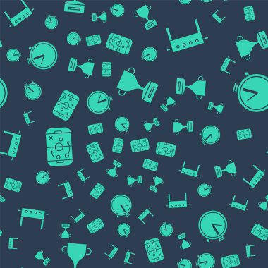 Set Award cup, Hockey table, Planning strategy and Stopwatch on seamless pattern. Vector.