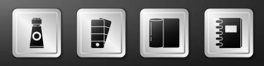 Set Tube with paint palette, Palette, Paper towel roll and Spiral notebook icon. Silver square button. Vector.