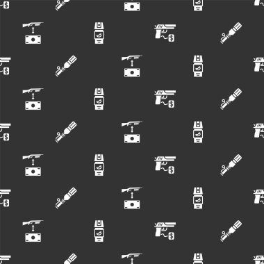 Set Buying gun pistol, Anti-tank hand grenade, assault rifle and Pepper spray on seamless pattern. Vector.