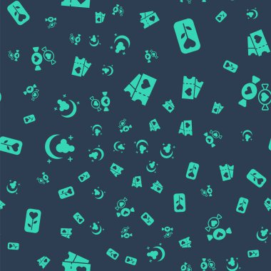 Set Love ticket, Flower rose, Moon and stars and Candy on seamless pattern. Vector.