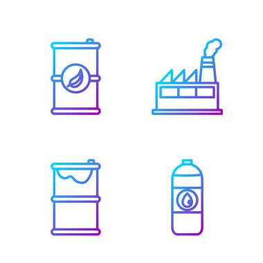 Set line Canister for motor machine oil, Barrel oil leak, Bio fuel barrel and Oil industrial factory building. Gradient color icons. Vector.