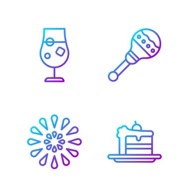 Set line Cake, Firework, Cocktail and alcohol drink and Maracas. Gradient color icons. Vector.