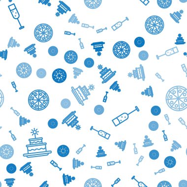 Set line Cake with burning candles, Glass of champagne and Pizza on seamless pattern. Vector.