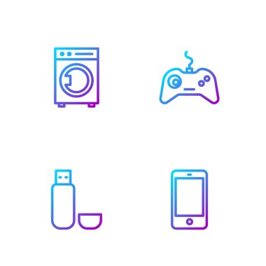 Set line Smartphone, mobile phone, USB flash drive, Washer and Gamepad. Gradient color icons. Vector.
