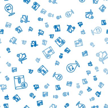 Set line Envelope with euro symbol, Location cardboard box and Forklift truck on seamless pattern. Vector.
