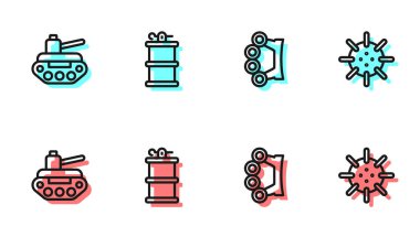 Pirinç muşta, ordu tankı, el bombası ve deniz mayını ikonu yerleştirin. Vektör.