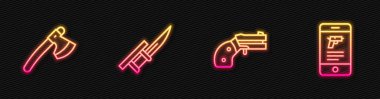 Çizgiyi ayarla Küçük tabanca, tahta balta, tüfek süngüsü ve seyyar uygulamada Shop silahı. Parlayan neon ikonu. Vektör.