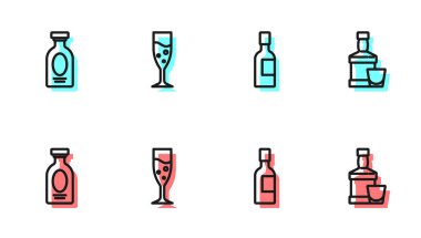 Sabit bir sıra şampanya, alkol, rom, bir bardak şampanya, viski ve cam ikon. Vektör.