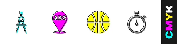 Set Dessin Boussole Alphabet Ballon Basket Ball Chronomètre Icône Vecteur — Image vectorielle