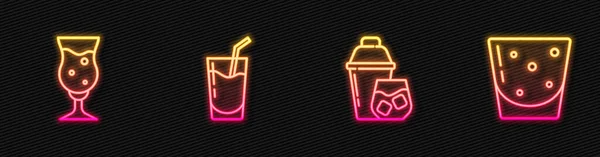 Set Line Cocktail Shaker Glass Beer Rum Glowing Neon Icon — Archivo Imágenes Vectoriales