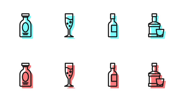 Mettre Ligne Bouteille Champagne Rhum Boisson Alcoolisée Verre Champagne Whisky — Image vectorielle