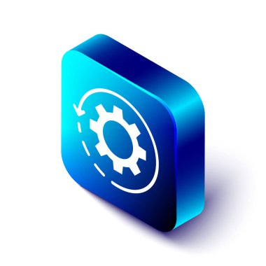 Isometric Gear ve oklar iş akışı konsepti simgesi olarak beyaz arkaplanda izole edildi. Vites doldurma tabelası. Mavi kare düğme. Vektör İllüstrasyonu.